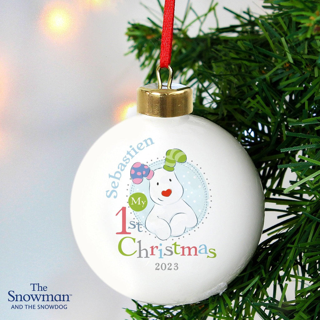 Personalised The Snowman and the Snowdog My 1st Christmas Blue Bauble | Inspired Creative Gifts