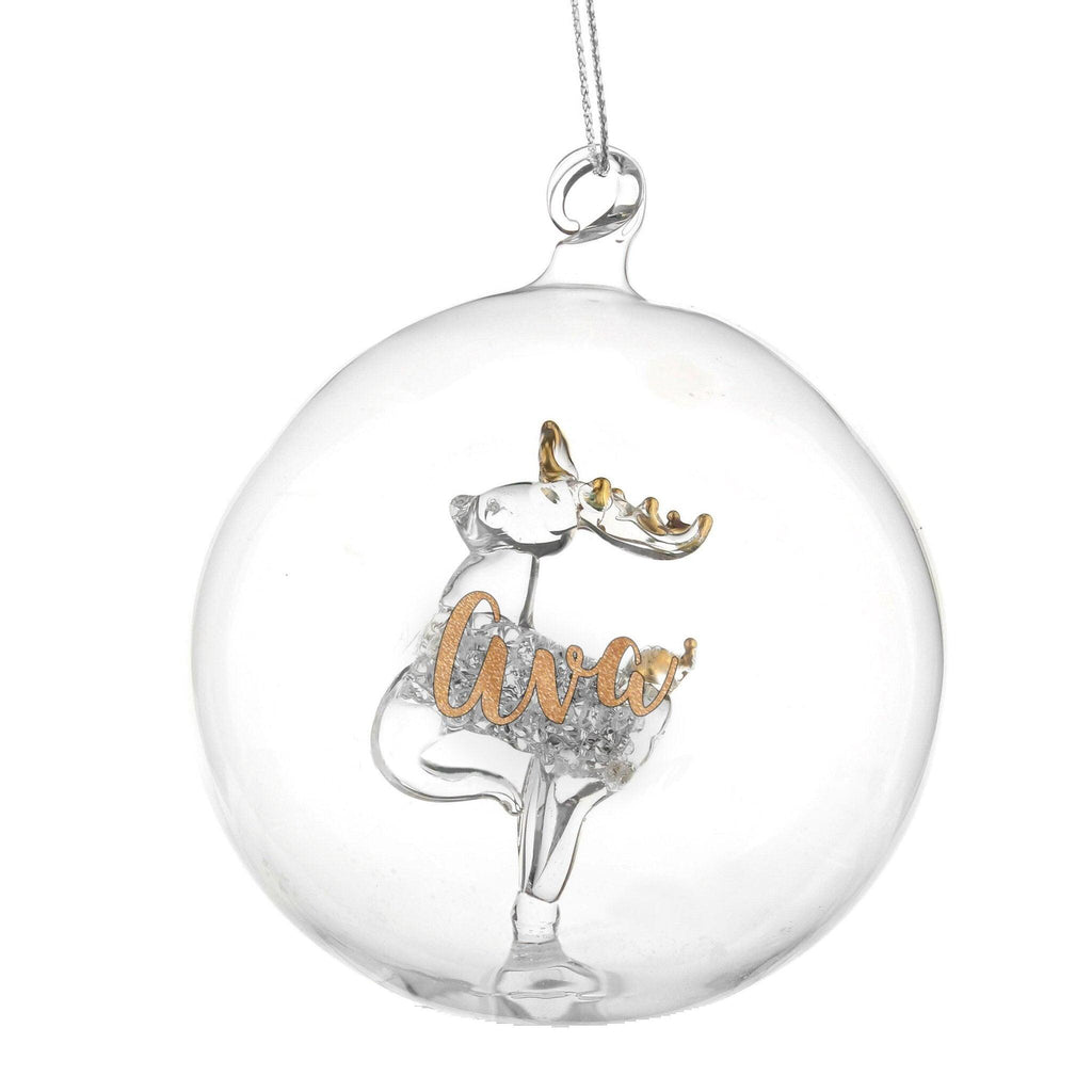 Personalised Gold Glitter Name Only Reindeer Glass Bauble | Inspired Creative Gifts | UK Supplier