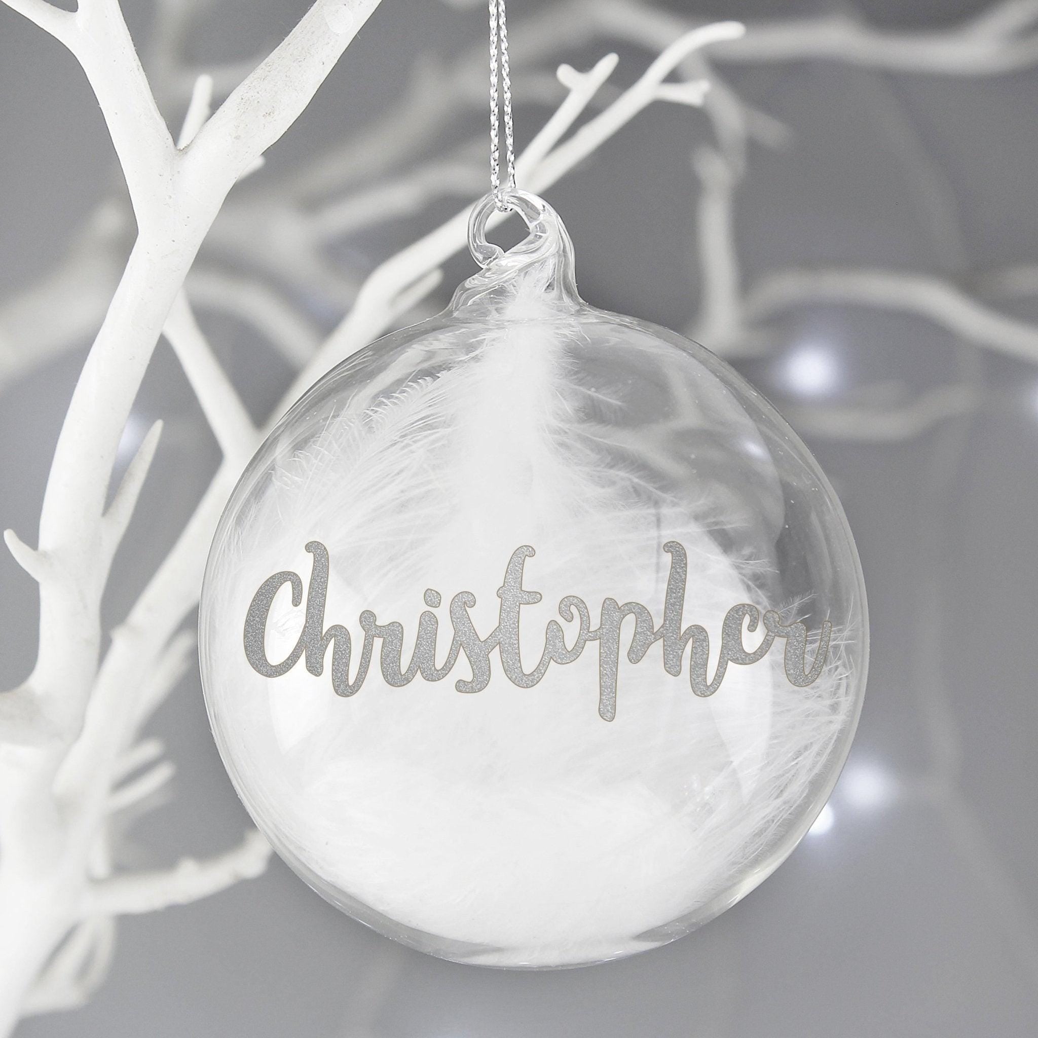 Personalised Silver Glitter Name Only Feather Glass Bauble | Inspired Creative Gifts | UK Supplier