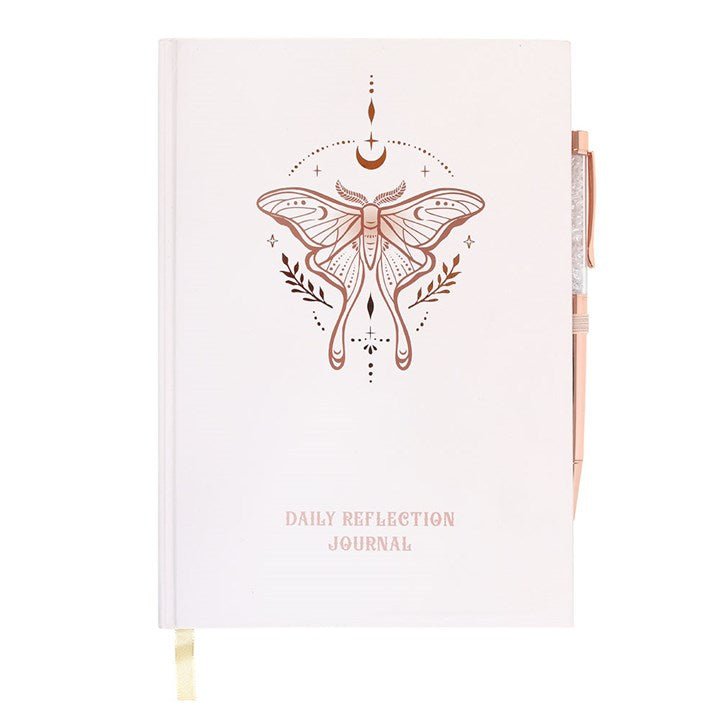 Luna Moth Daily Reflection Journal and Clear Quartz Crystal Pen | Inspired Creative Gifts | UK Supplier
