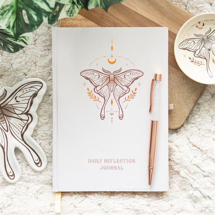 Luna Moth Daily Reflection Journal and Clear Quartz Crystal Pen | Inspired Creative Gifts | UK Supplier