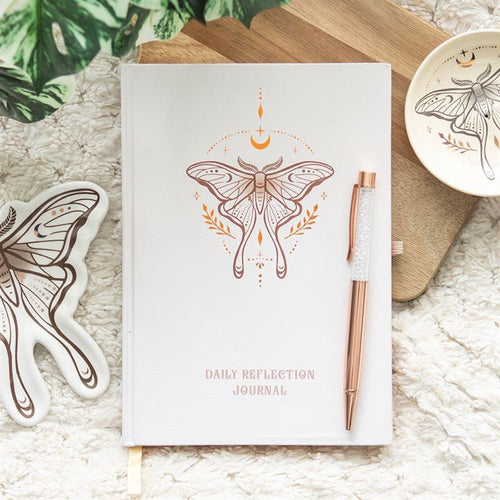 Luna Moth Daily Reflection Journal and Clear Quartz Crystal Pen | Inspired Creative Gifts | UK Supplier