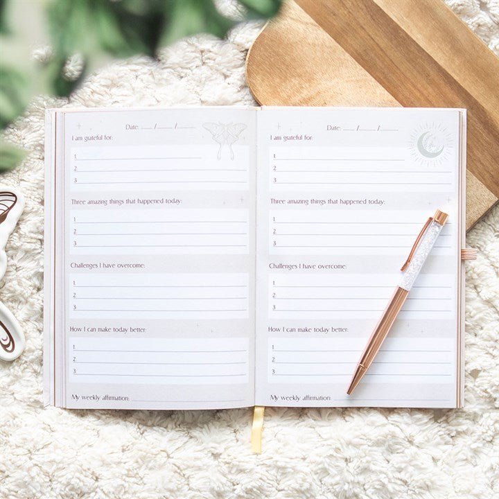 Luna Moth Daily Reflection Journal and Clear Quartz Crystal Pen | Inspired Creative Gifts | UK Supplier