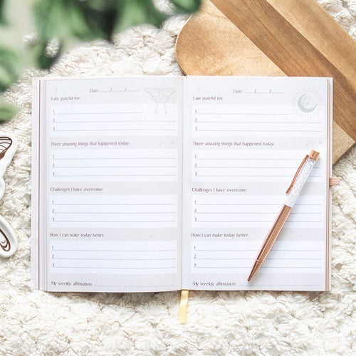 Luna Moth Daily Reflection Journal and Clear Quartz Crystal Pen | Inspired Creative Gifts | UK Supplier