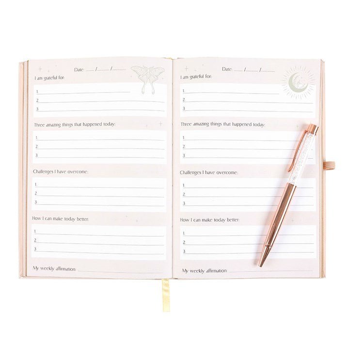 Luna Moth Daily Reflection Journal and Clear Quartz Crystal Pen | Inspired Creative Gifts | UK Supplier