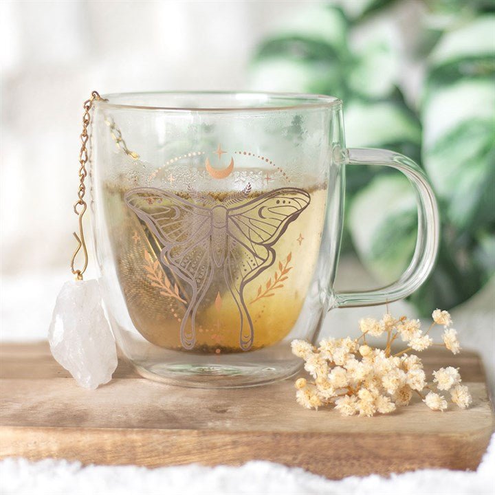 Luna Moth Double Walled Glass Mug with Crystal Tea Infuser | Inspired Creative Gifts | UK Supplier