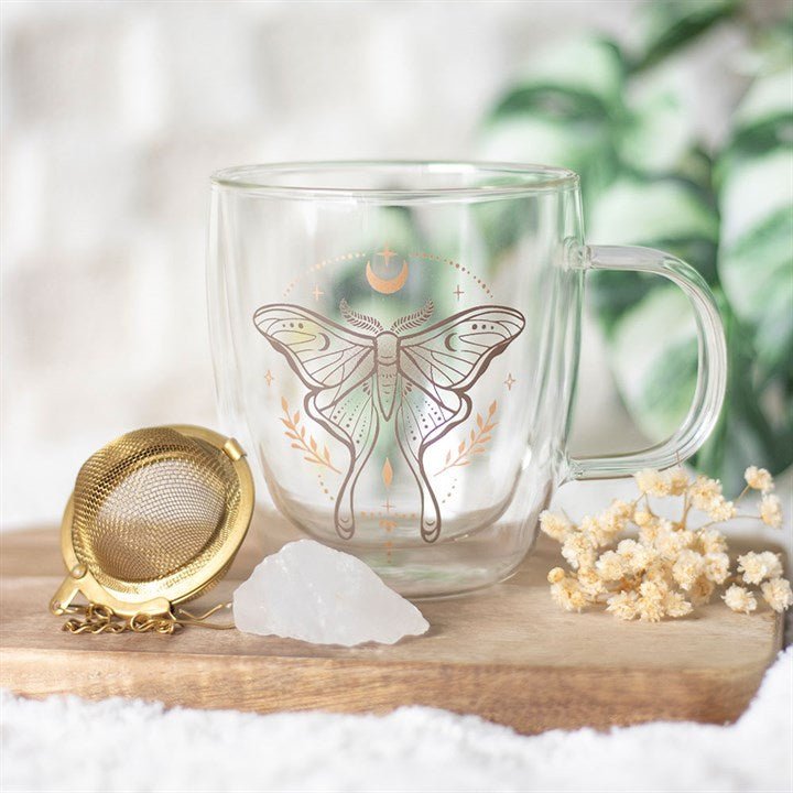 Luna Moth Double Walled Glass Mug with Crystal Tea Infuser | Inspired Creative Gifts | UK Supplier