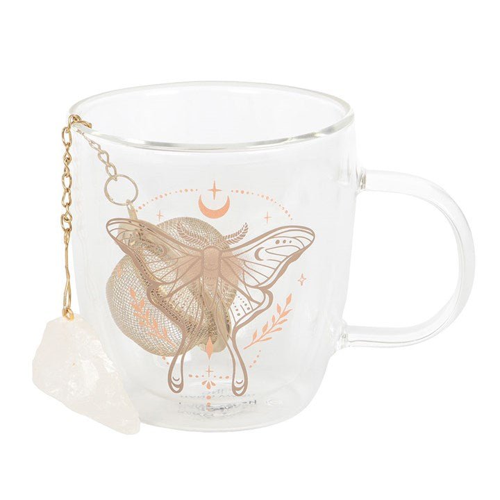Luna Moth Double Walled Glass Mug with Crystal Tea Infuser | Inspired Creative Gifts | UK Supplier