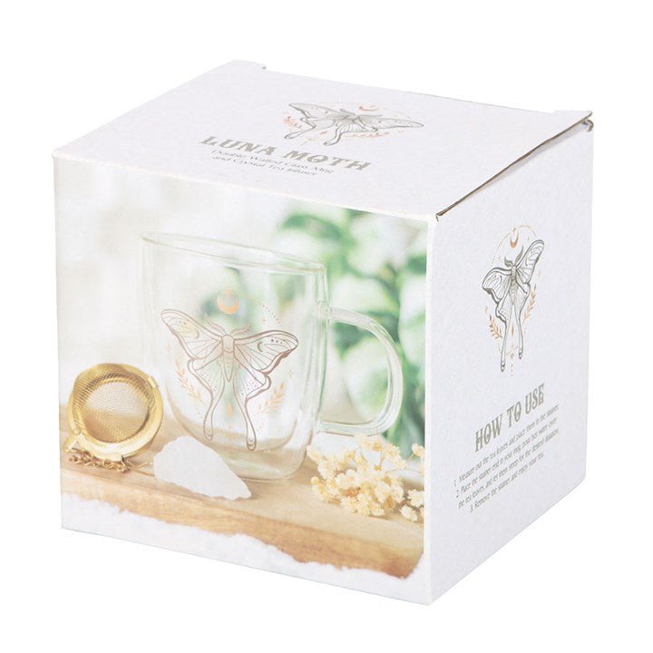 Luna Moth Double Walled Glass Mug with Crystal Tea Infuser | Inspired Creative Gifts | UK Supplier