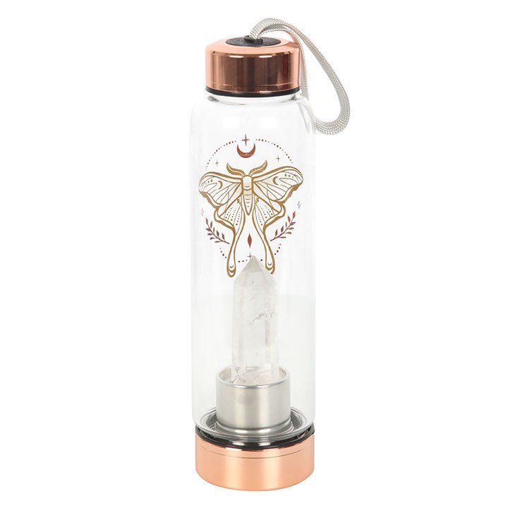 Luna Moth Glass Water Bottle with Clear Quartz Crystal | Inspired Creative Gifts | UK Supplier