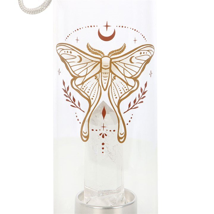 Luna Moth Glass Water Bottle with Clear Quartz Crystal | Inspired Creative Gifts | UK Supplier