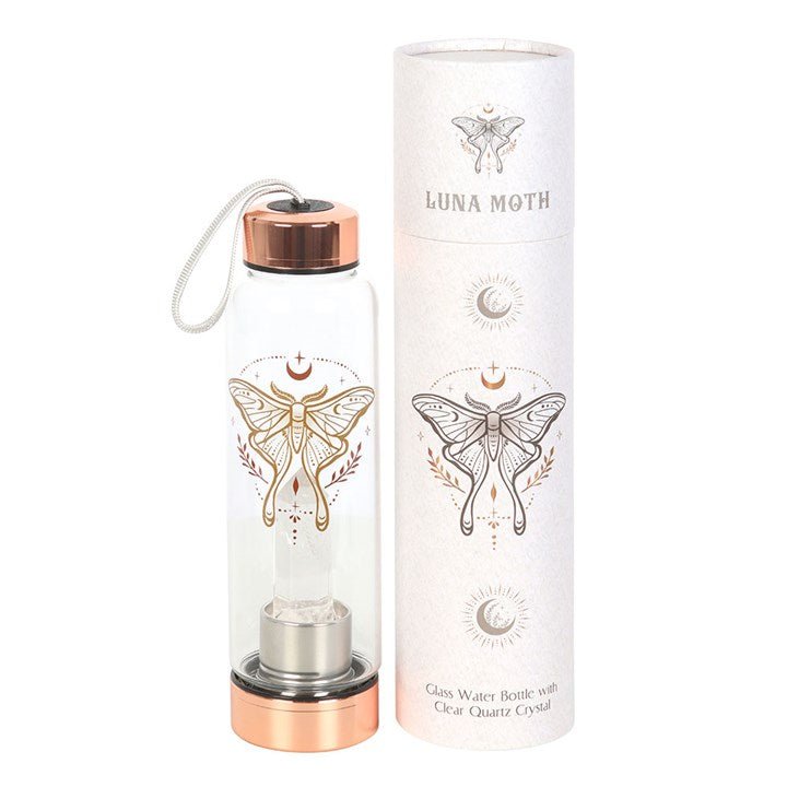 Luna Moth Glass Water Bottle with Clear Quartz Crystal | Inspired Creative Gifts | UK Supplier