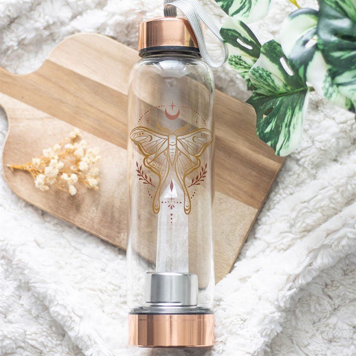 Luna Moth Glass Water Bottle with Clear Quartz Crystal | Inspired Creative Gifts | UK Supplier