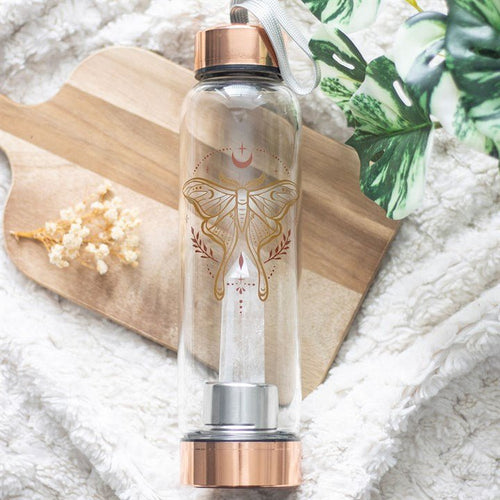Luna Moth Glass Water Bottle with Clear Quartz Crystal | Inspired Creative Gifts | UK Supplier