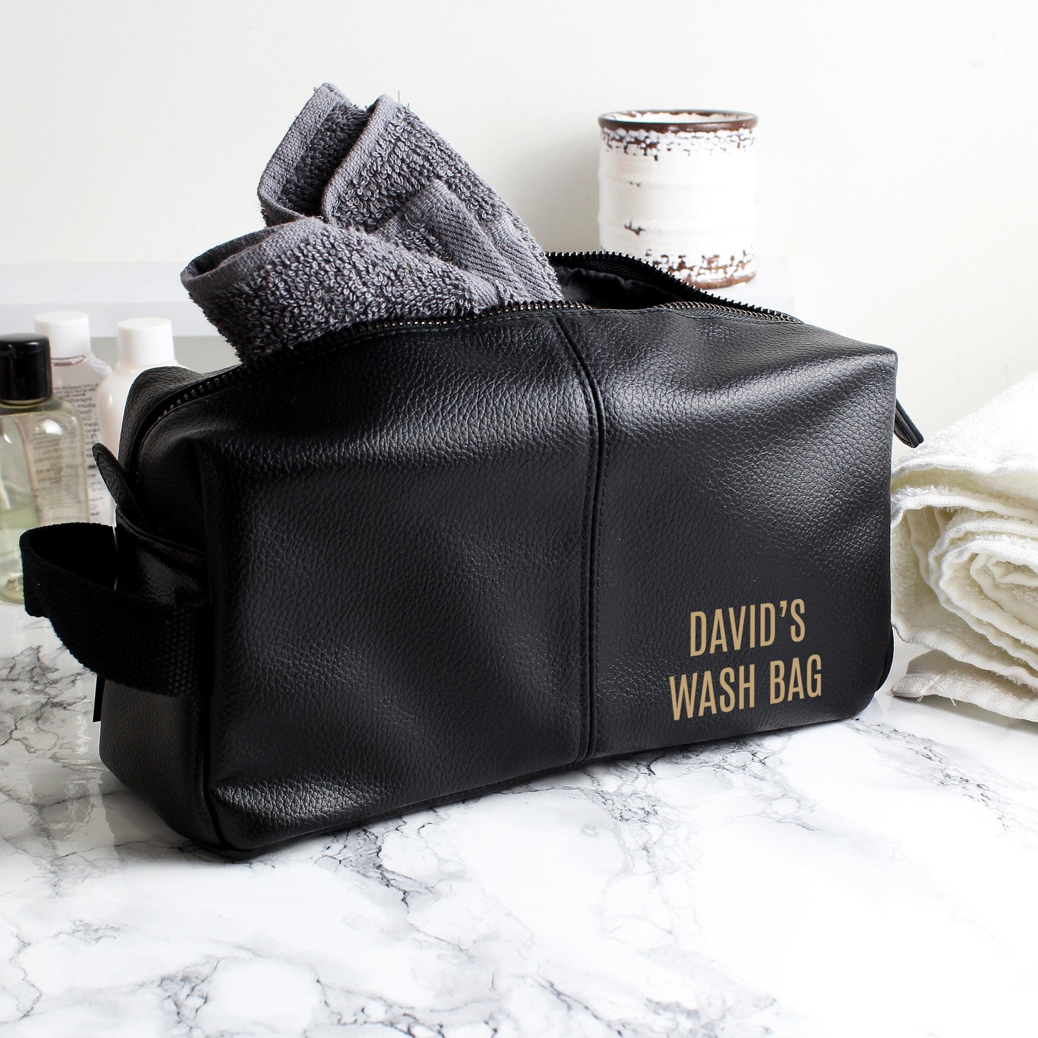 Luxury Personalised Black Leatherette Wash Bag - Great Gift for Him! | Inspired Creative Gifts