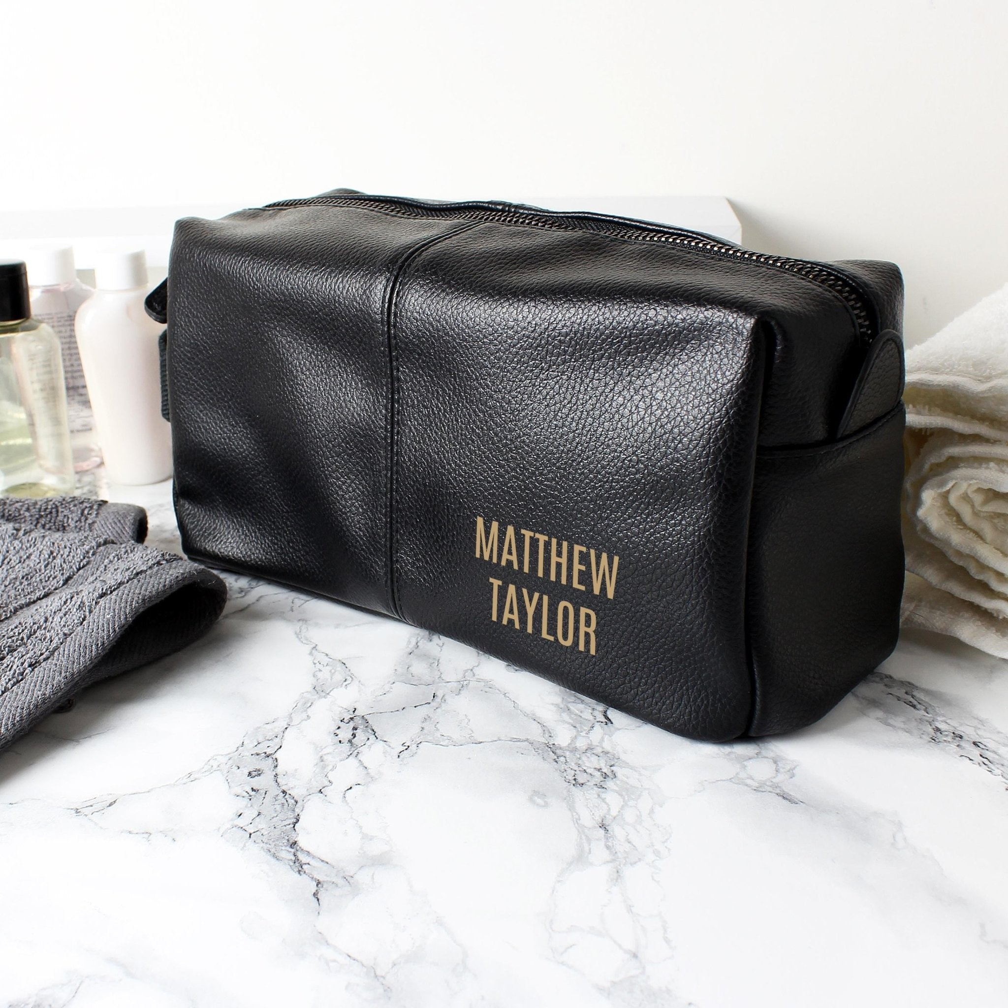 Luxury Personalised Black Leatherette Wash Bag - Great Gift for Him! | Inspired Creative Gifts