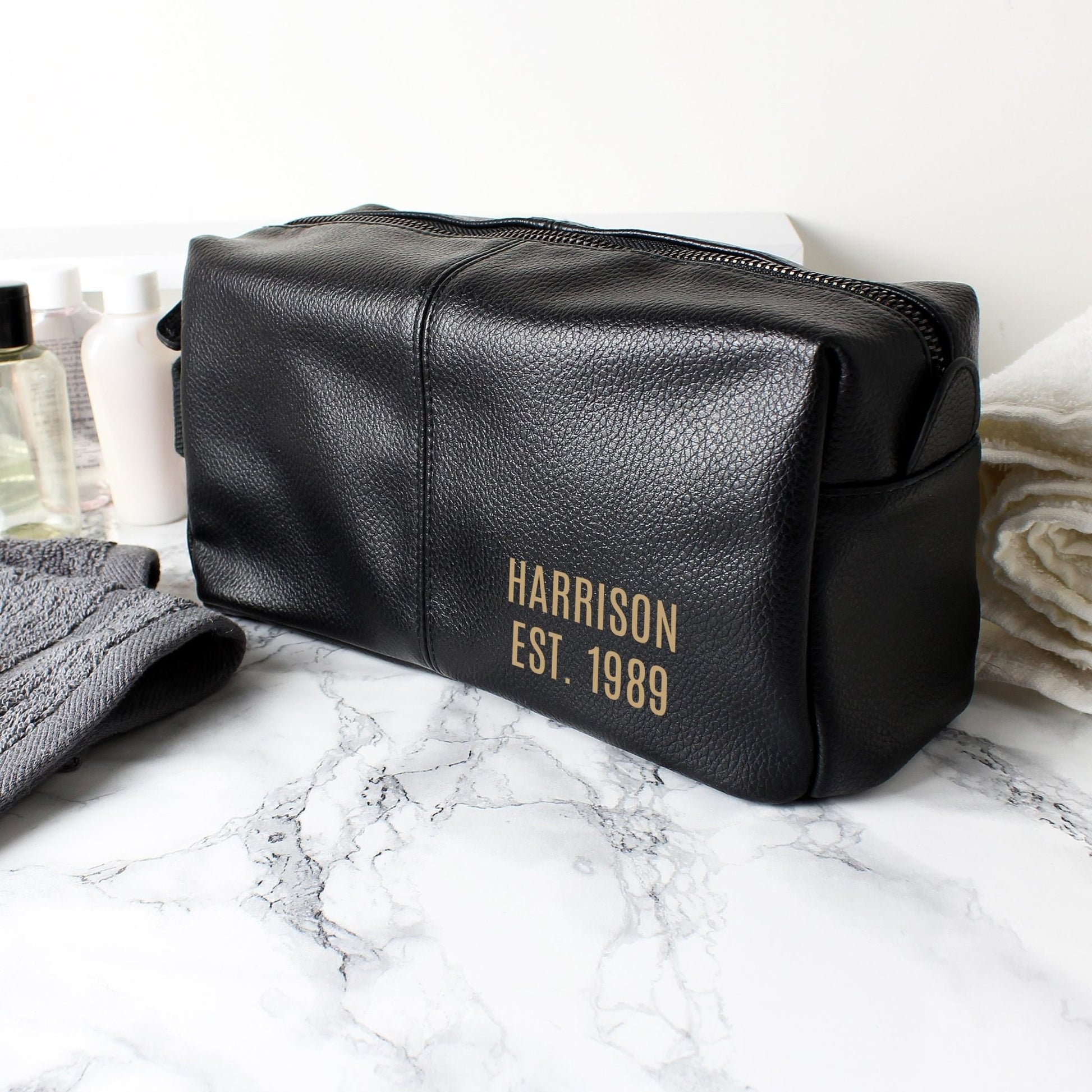 Luxury Personalised Black Leatherette Wash Bag - Great Gift for Him! | Inspired Creative Gifts