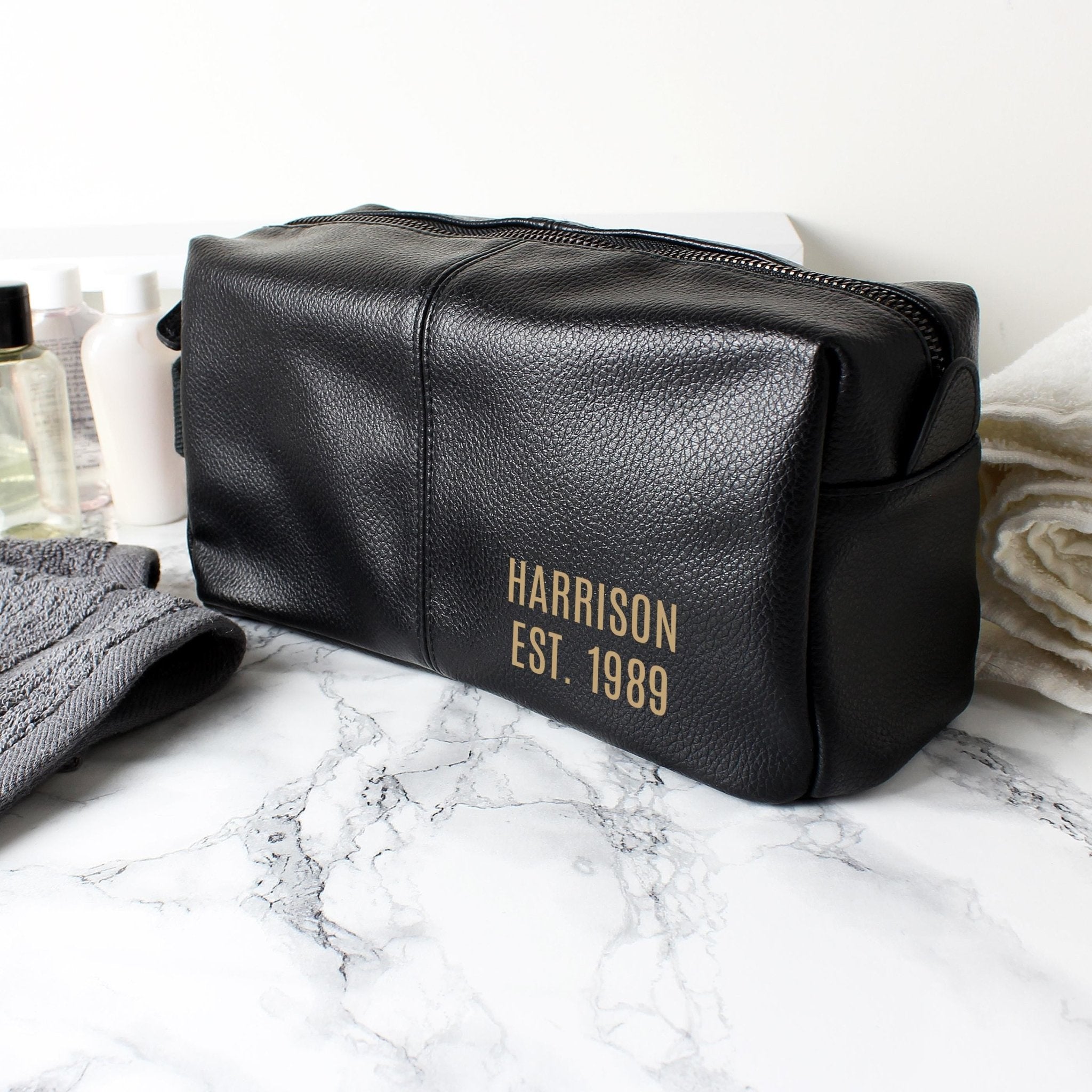 Luxury Personalised Black Leatherette Wash Bag - Great Gift for Him! | Inspired Creative Gifts