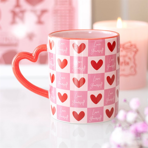 Love Yourself Checkered Mug with Heart Handle | Inspired Creative Gifts
