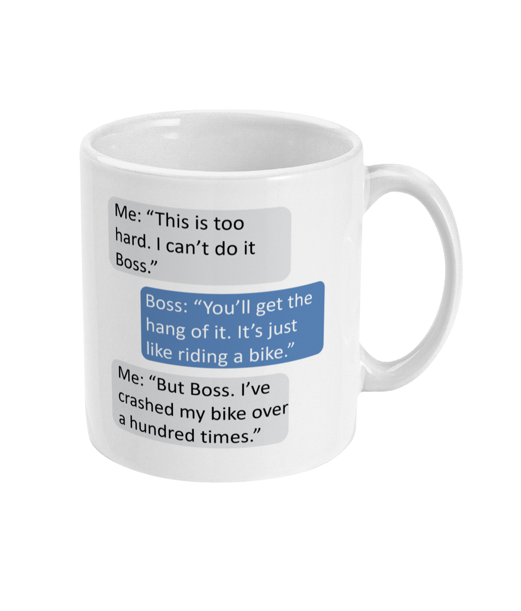 Novelty Mug – Funny 'Riding a Bike' Boss Joke"