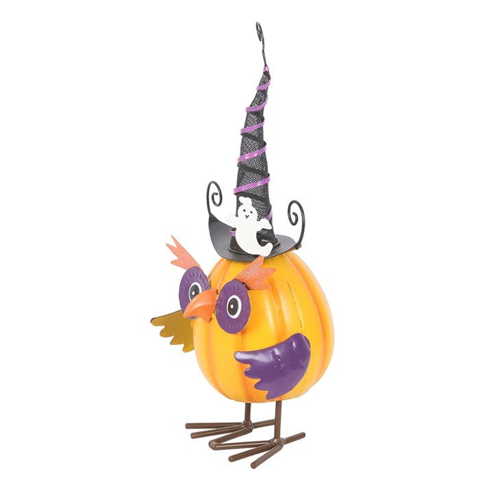 Orange Metal Owl Ornament with Witch Hat and Ghost | Inspired Creative Gifts | UK Supplier