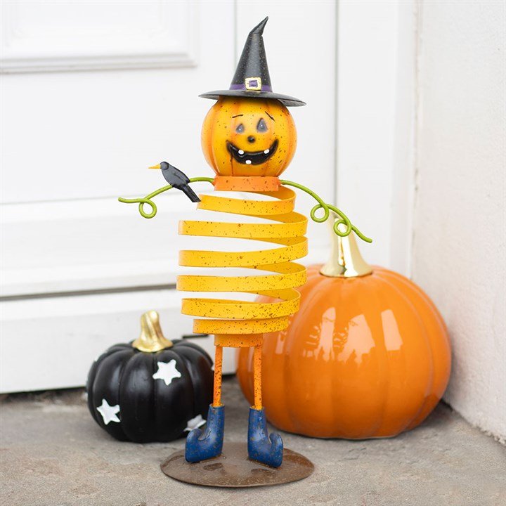Orange Metal Pumpkin Man Ornament with Spring Body | Inspired Creative Gifts | UK Supplier