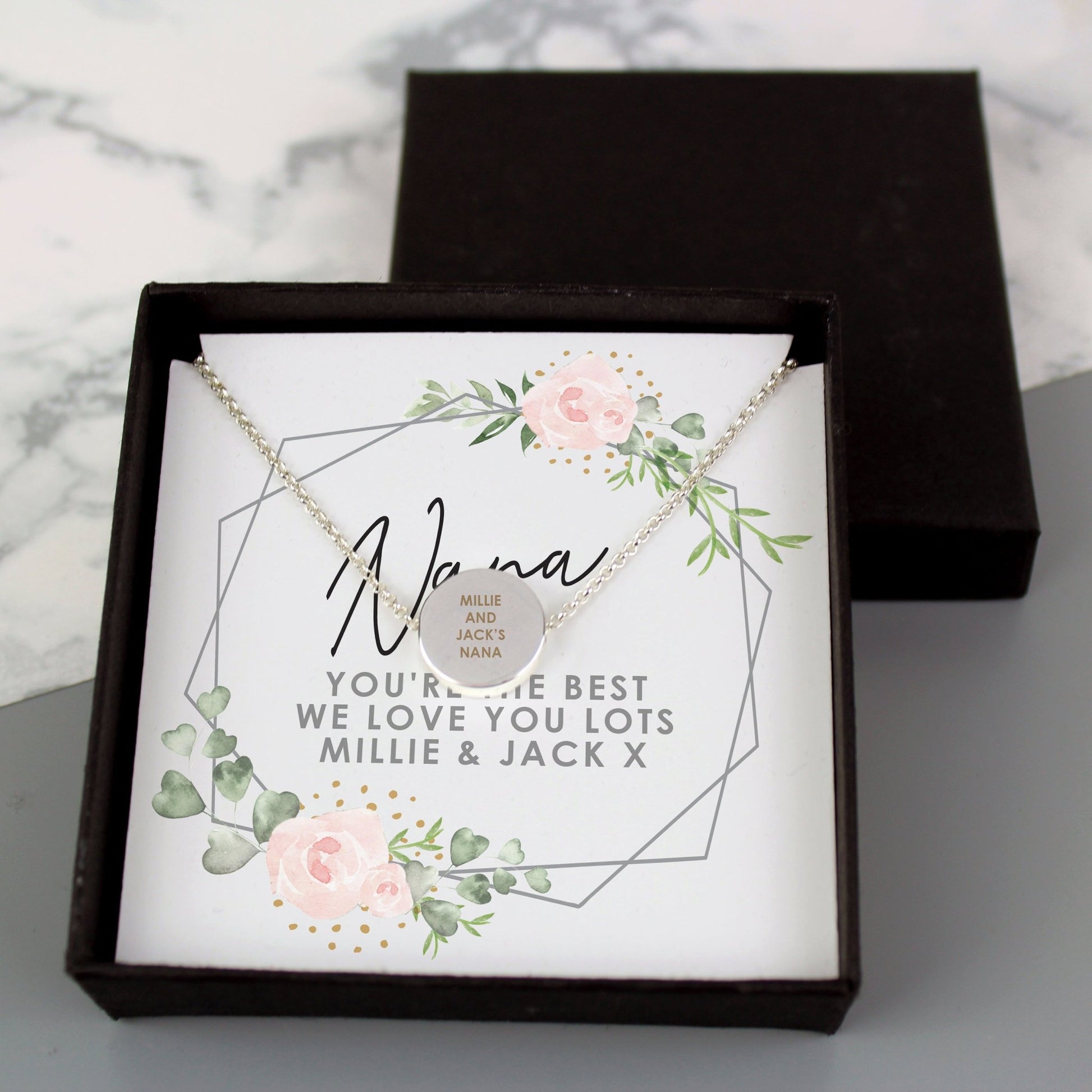 Personalised Abstract Rose Sentiment Silver Tone Necklace and Box | Inspired Creative Gifts