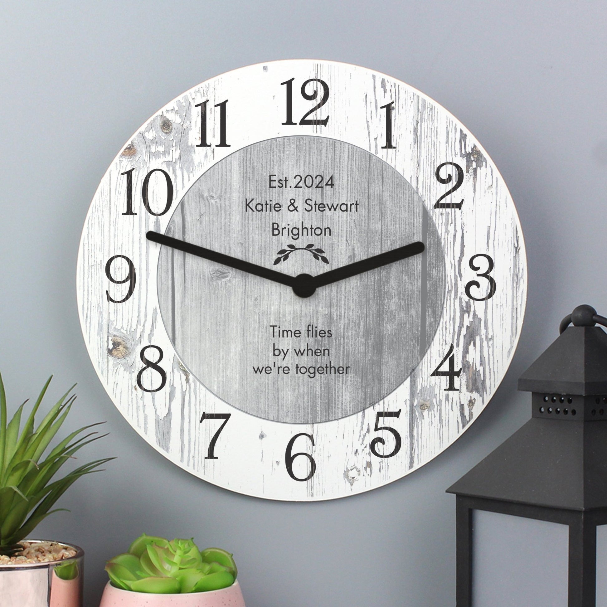 Personalised Any Message Shabby Chic Large Wooden Clock | Inspired Creative Gifts | UK Supplier