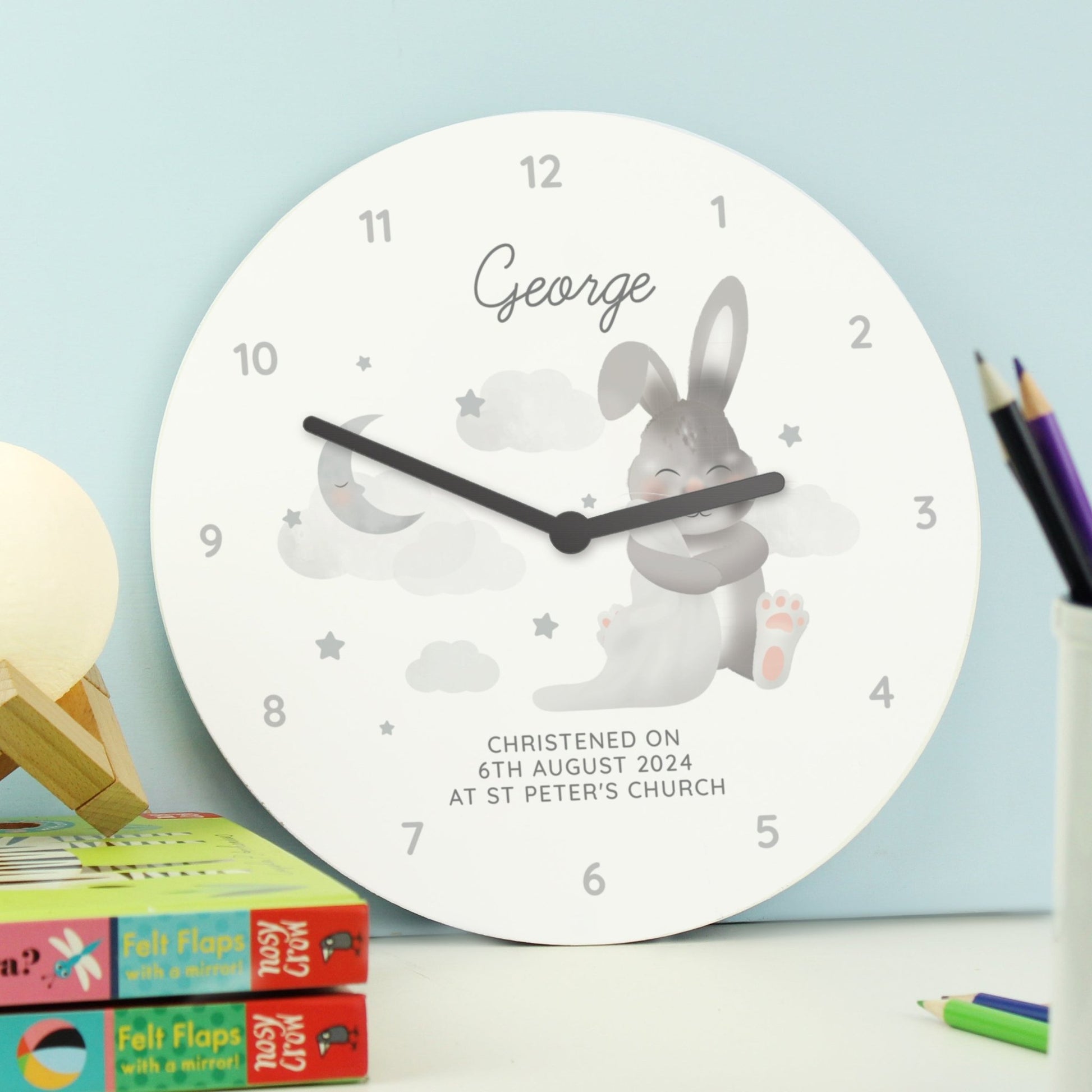 Personalised Baby Bunny White Wooden Clock | Inspired Creative Gifts | UK Supplier