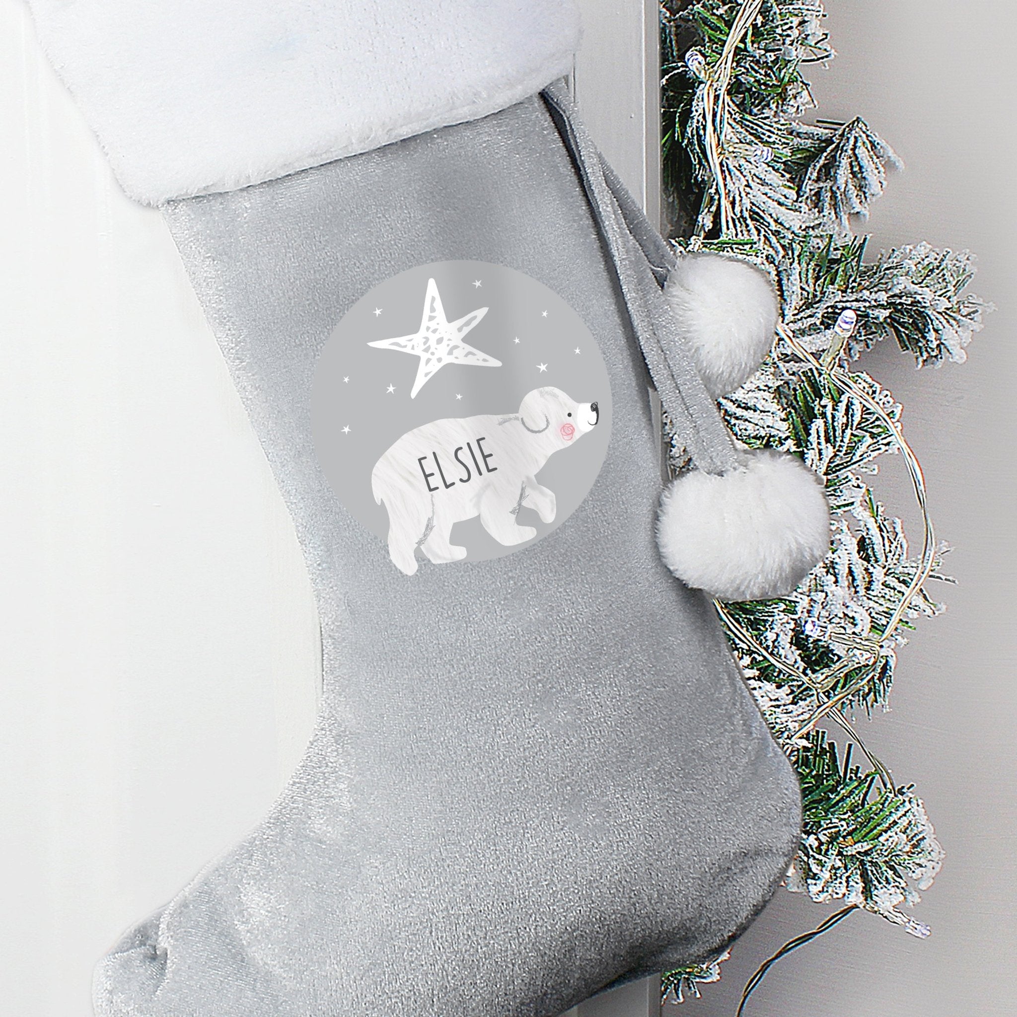 Personalised Baby Polar Bear Luxury Silver Grey Stocking | Inspired Creative Gifts | UK Supplier
