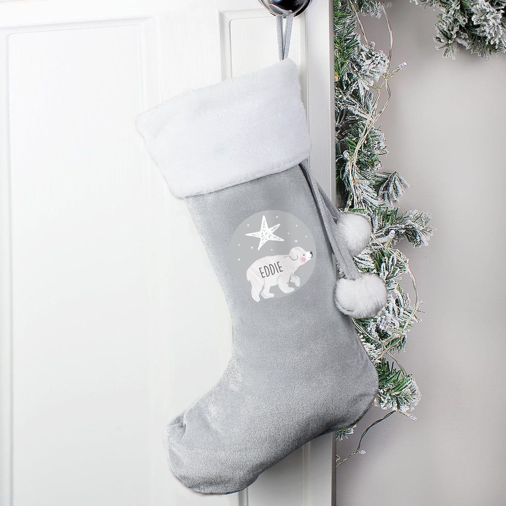 Personalised Baby Polar Bear Luxury Silver Grey Stocking | Inspired Creative Gifts | UK Supplier