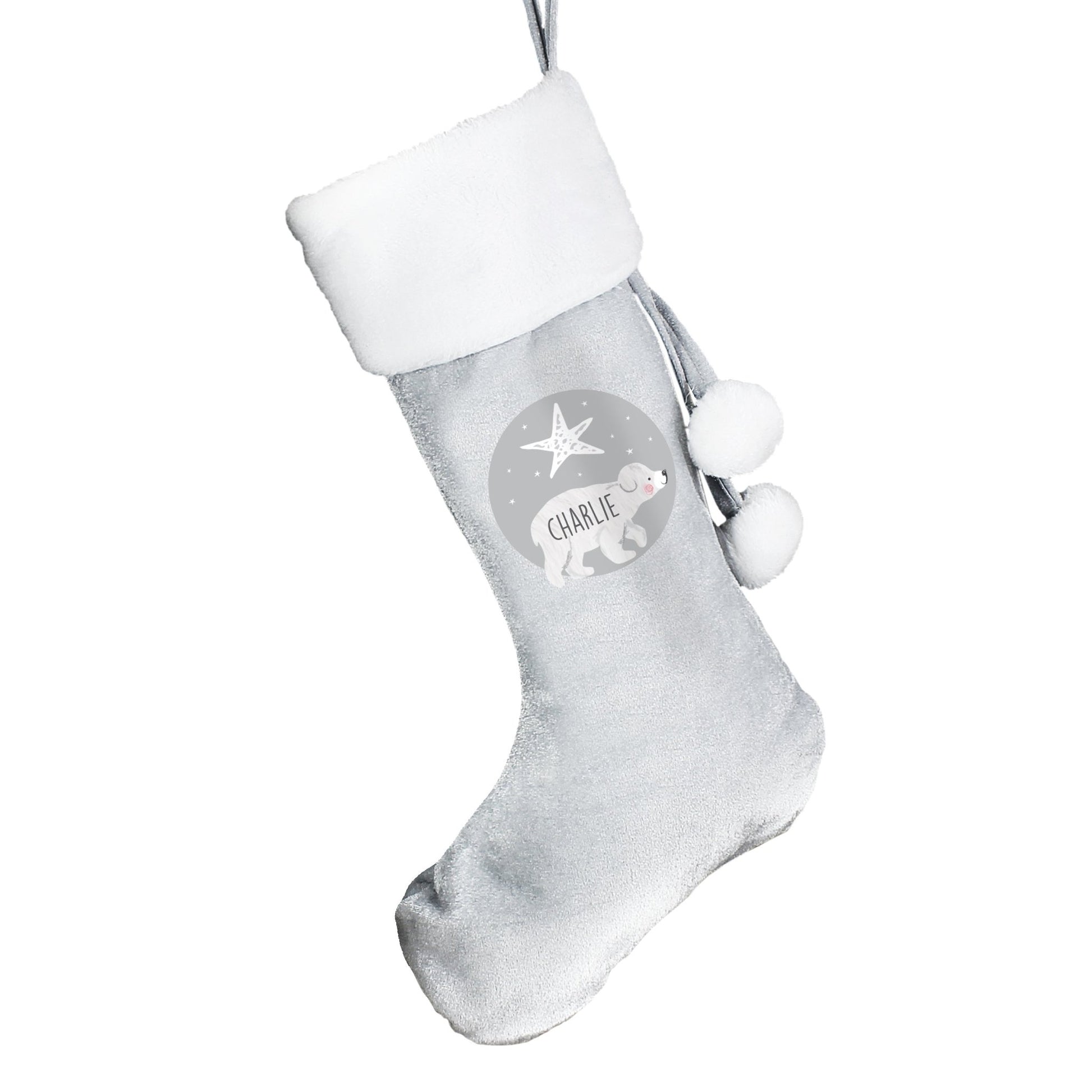 Personalised Baby Polar Bear Luxury Silver Grey Stocking | Inspired Creative Gifts | UK Supplier