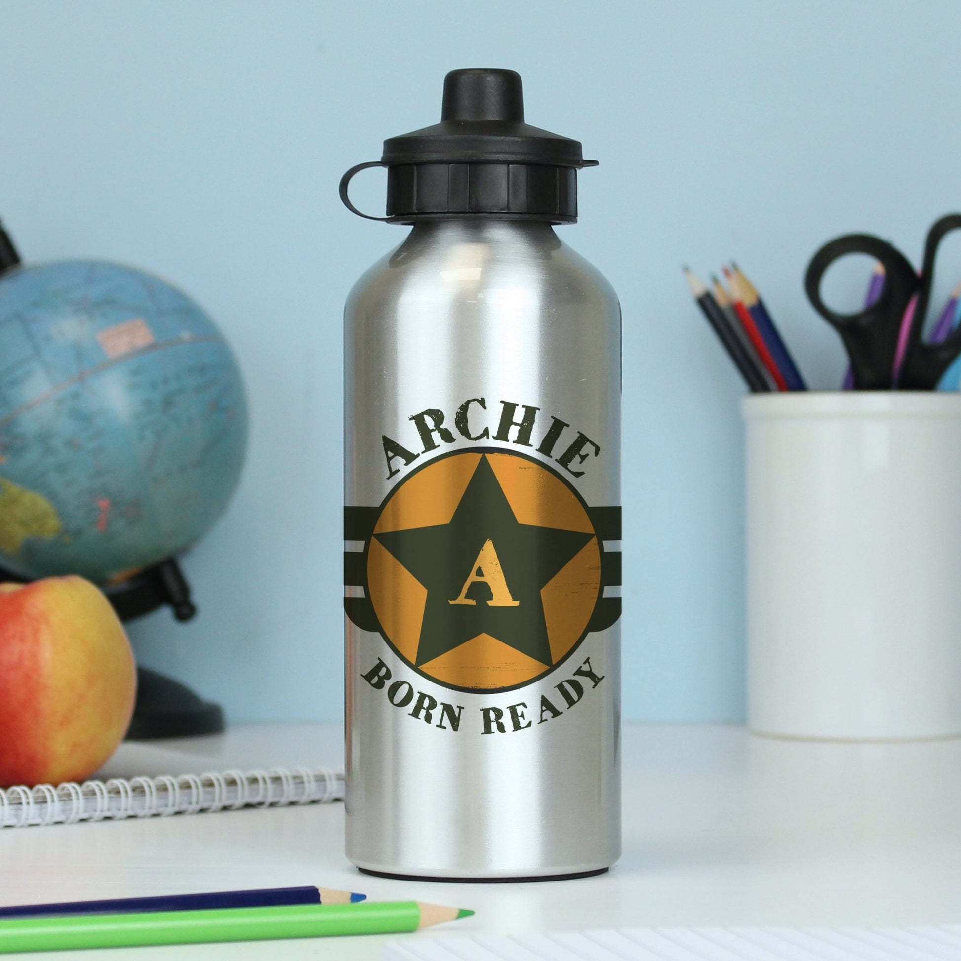 Personalised Badge Silver Drinks Bottle | Inspired Creative Gifts