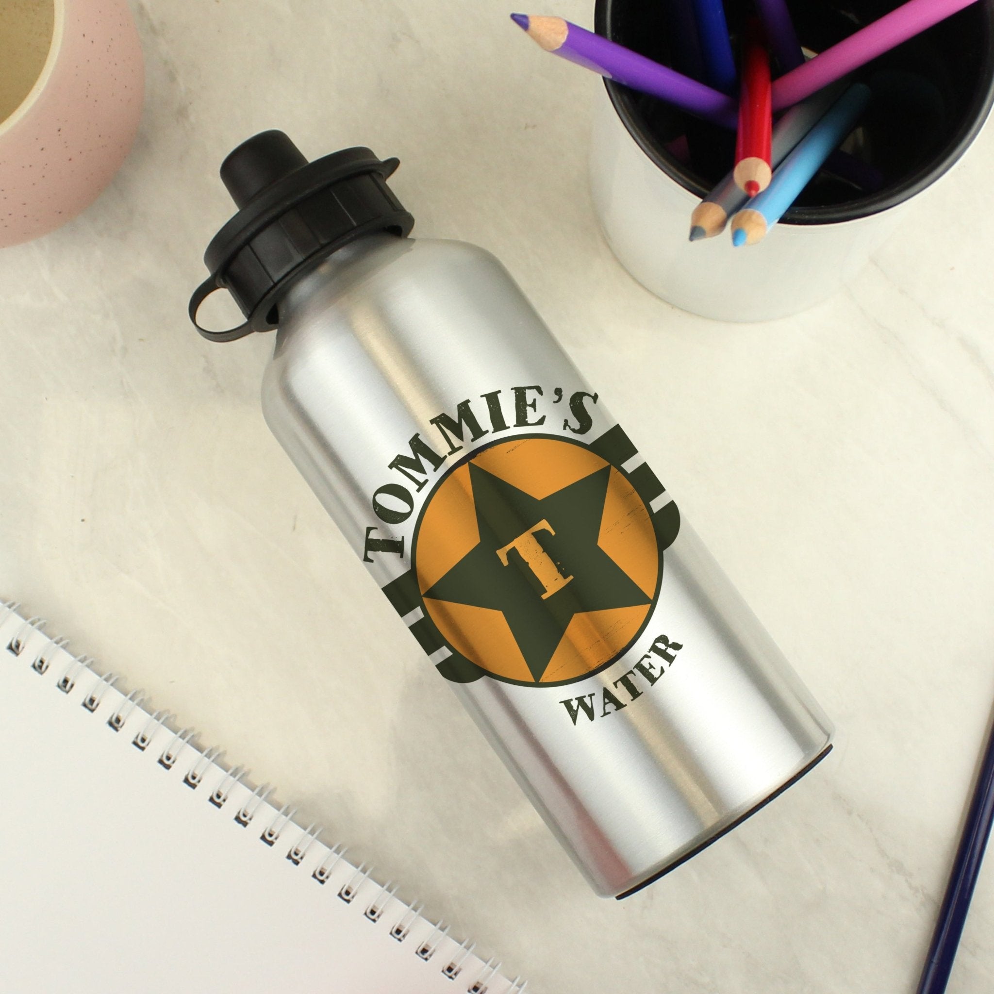 Personalised Badge Silver Drinks Bottle | Inspired Creative Gifts | UK Supplier