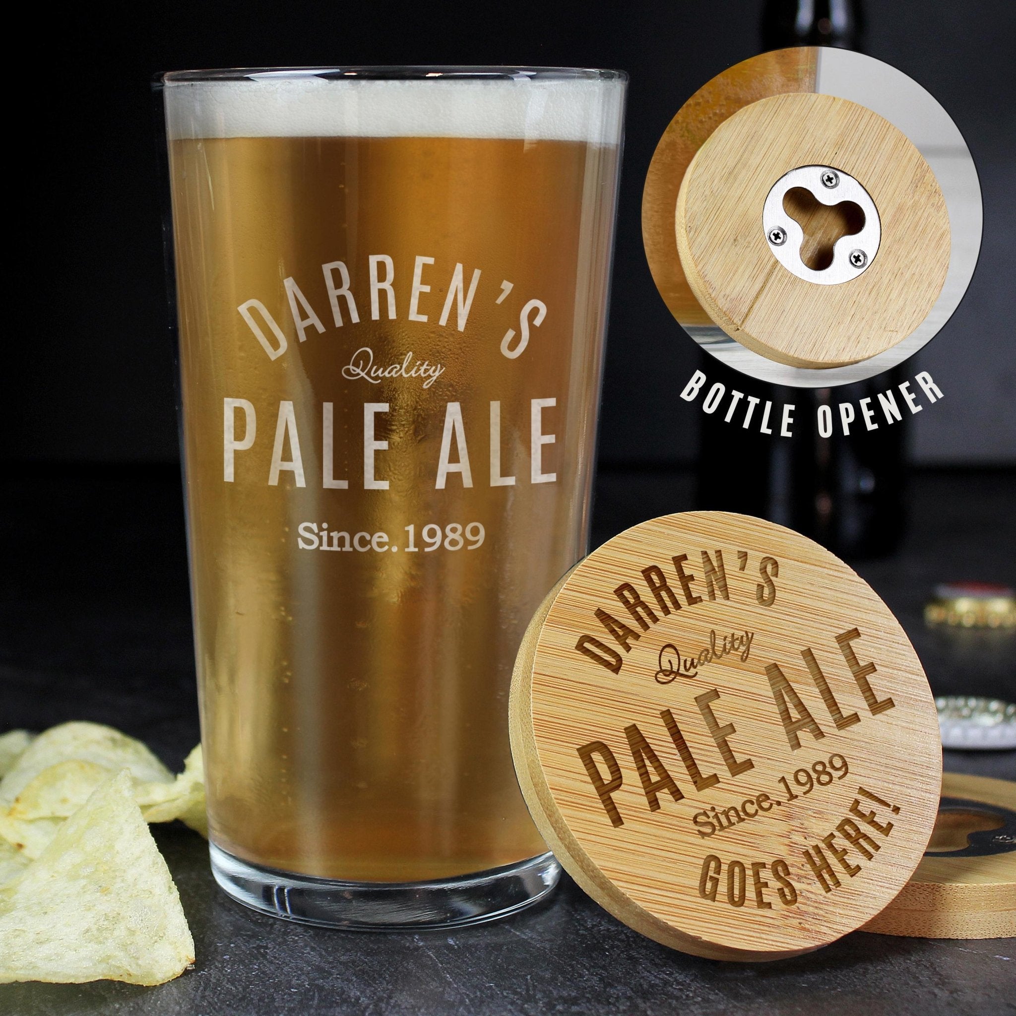 Personalised Bamboo Coaster & Pint Glass Set for Him | Fathers Day/Birthday Gift | Inspired Creative Gifts