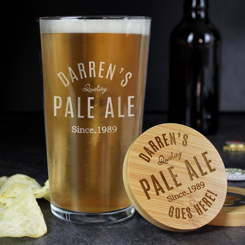 Personalised Bamboo Coaster & Pint Glass Set for Him | Fathers Day/Birthday Gift | Inspired Creative Gifts
