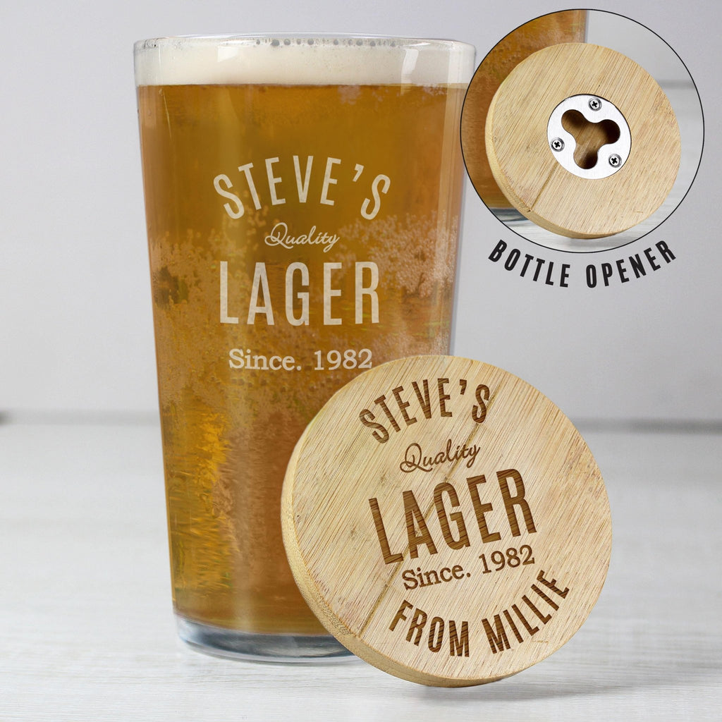 Personalised Bamboo Coaster & Pint Glass Set for Him | Fathers Day/Birthday Gift | Inspired Creative Gifts