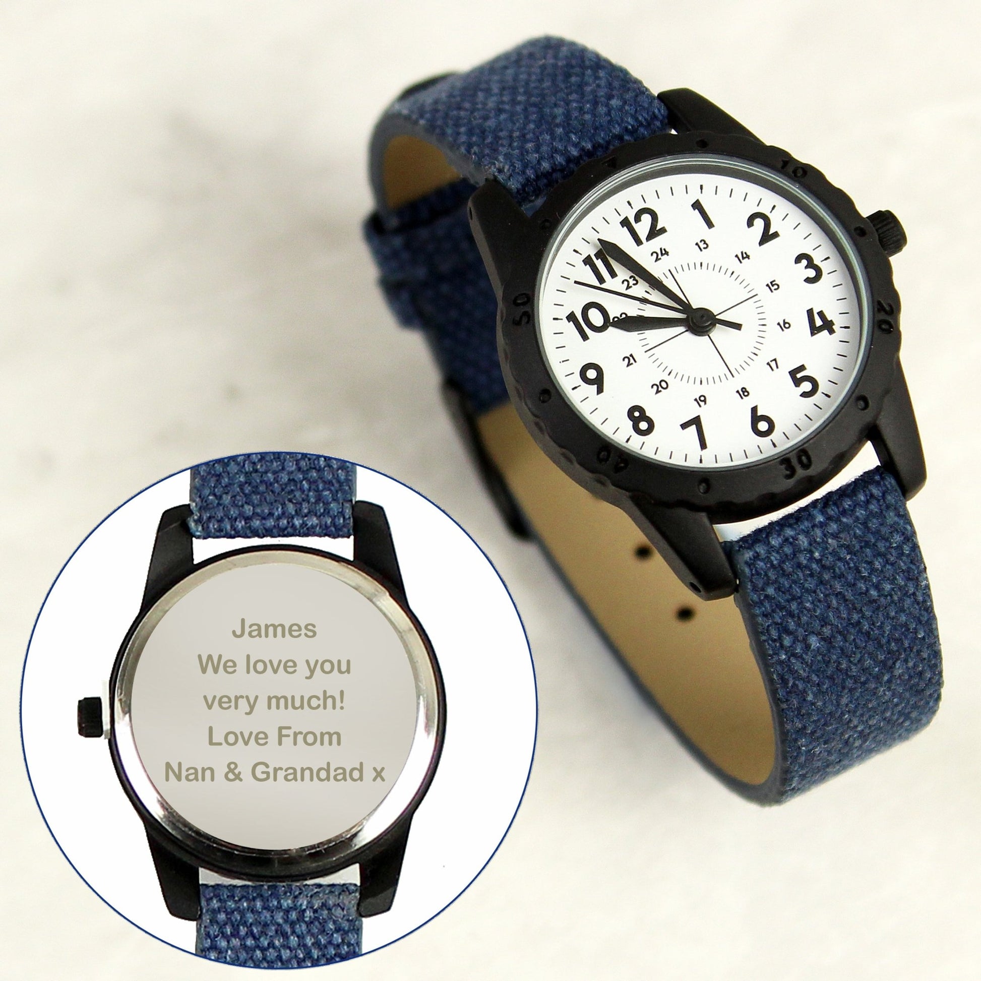 Personalised Black with Blue Canvas Strap Boys Watch | Inspired Creative Gifts | UK Supplier