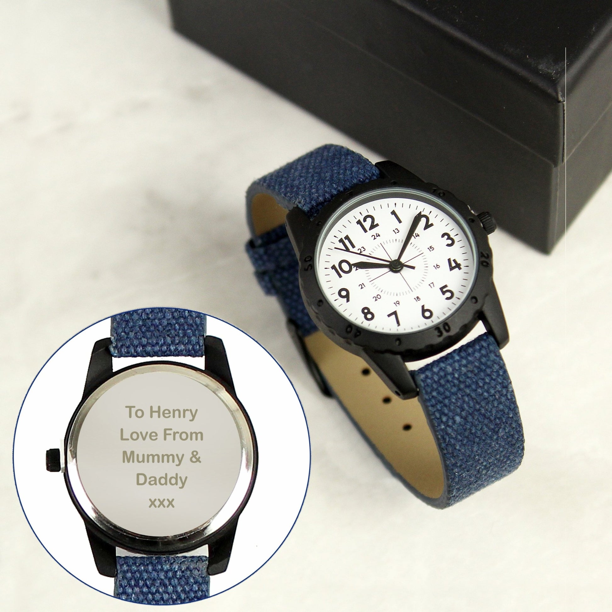 Personalised Black with Blue Canvas Strap Boys Watch | Inspired Creative Gifts | UK Supplier