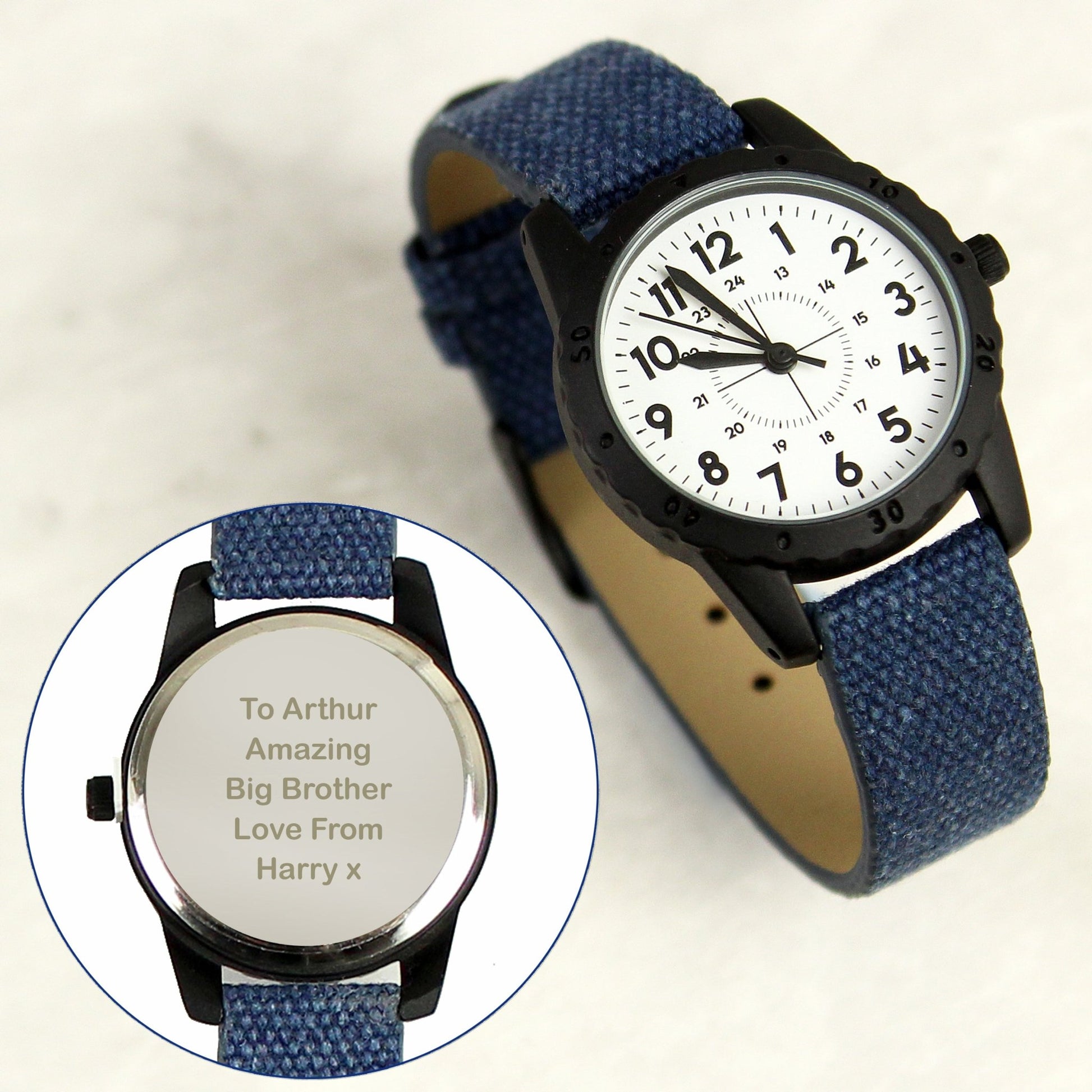 Personalised Black with Blue Canvas Strap Boys Watch | Inspired Creative Gifts | UK Supplier