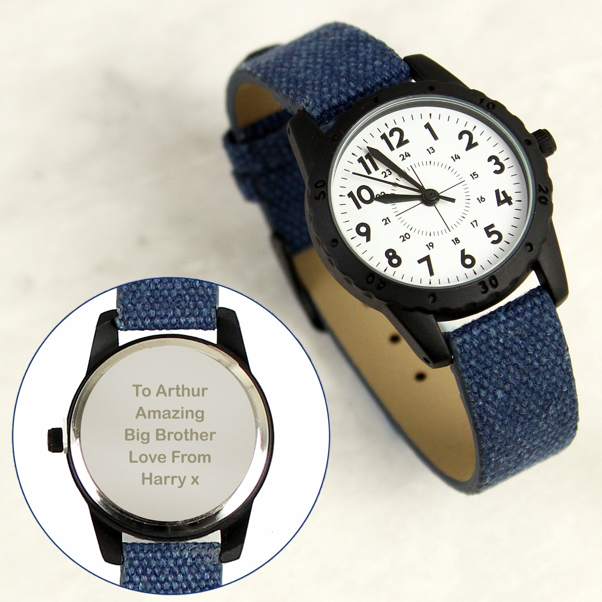 Personalised Black with Blue Canvas Strap Boys Watch | Inspired Creative Gifts | UK Supplier
