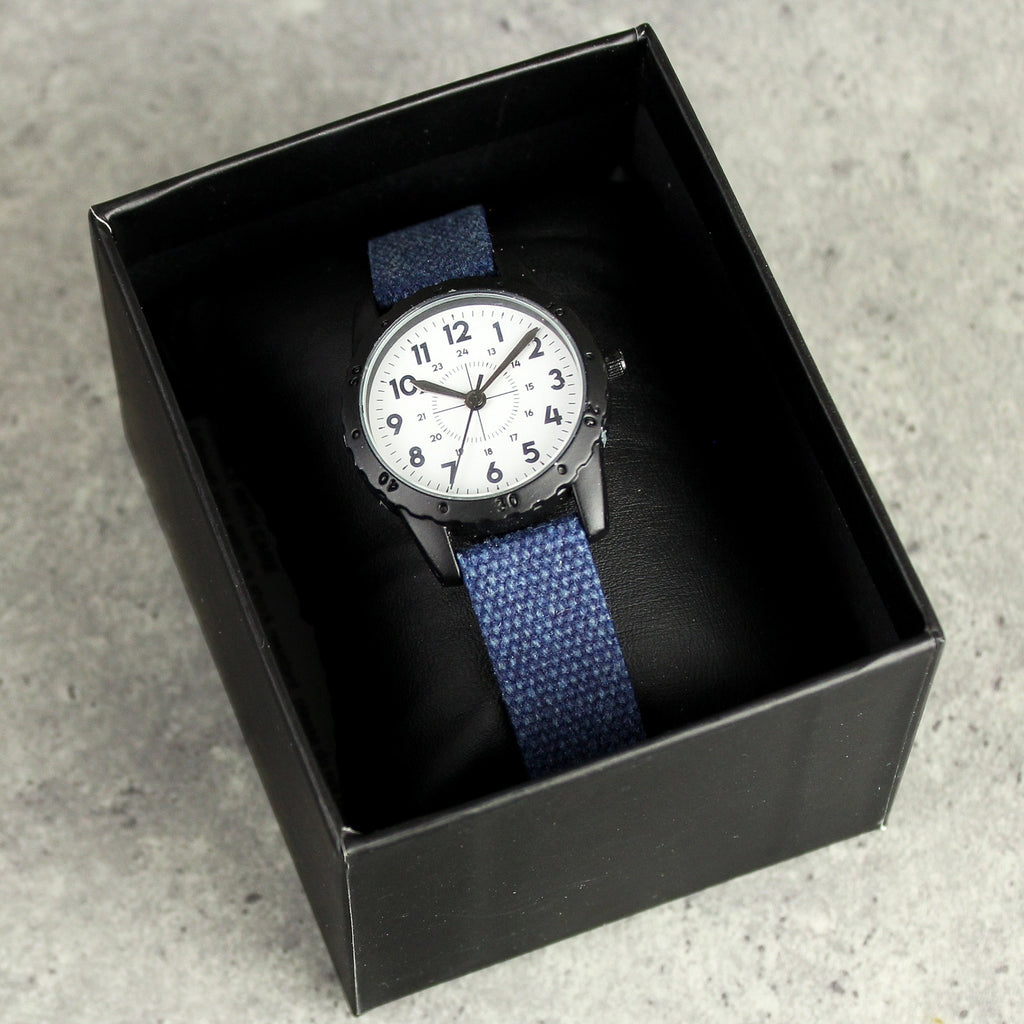 Personalised Black with Blue Canvas Strap Boys Watch | Inspired Creative Gifts | UK Supplier