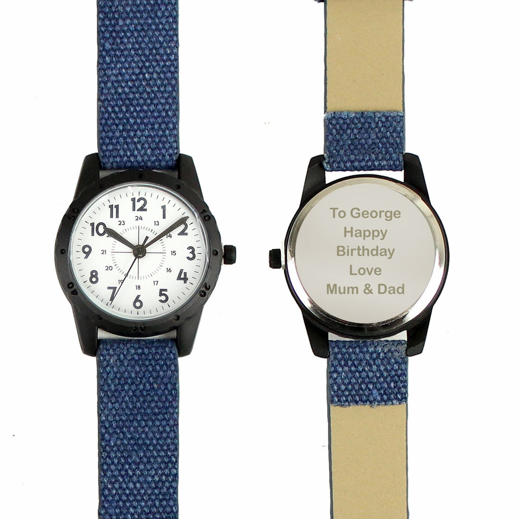 Personalised Black with Blue Canvas Strap Boys Watch | Inspired Creative Gifts | UK Supplier