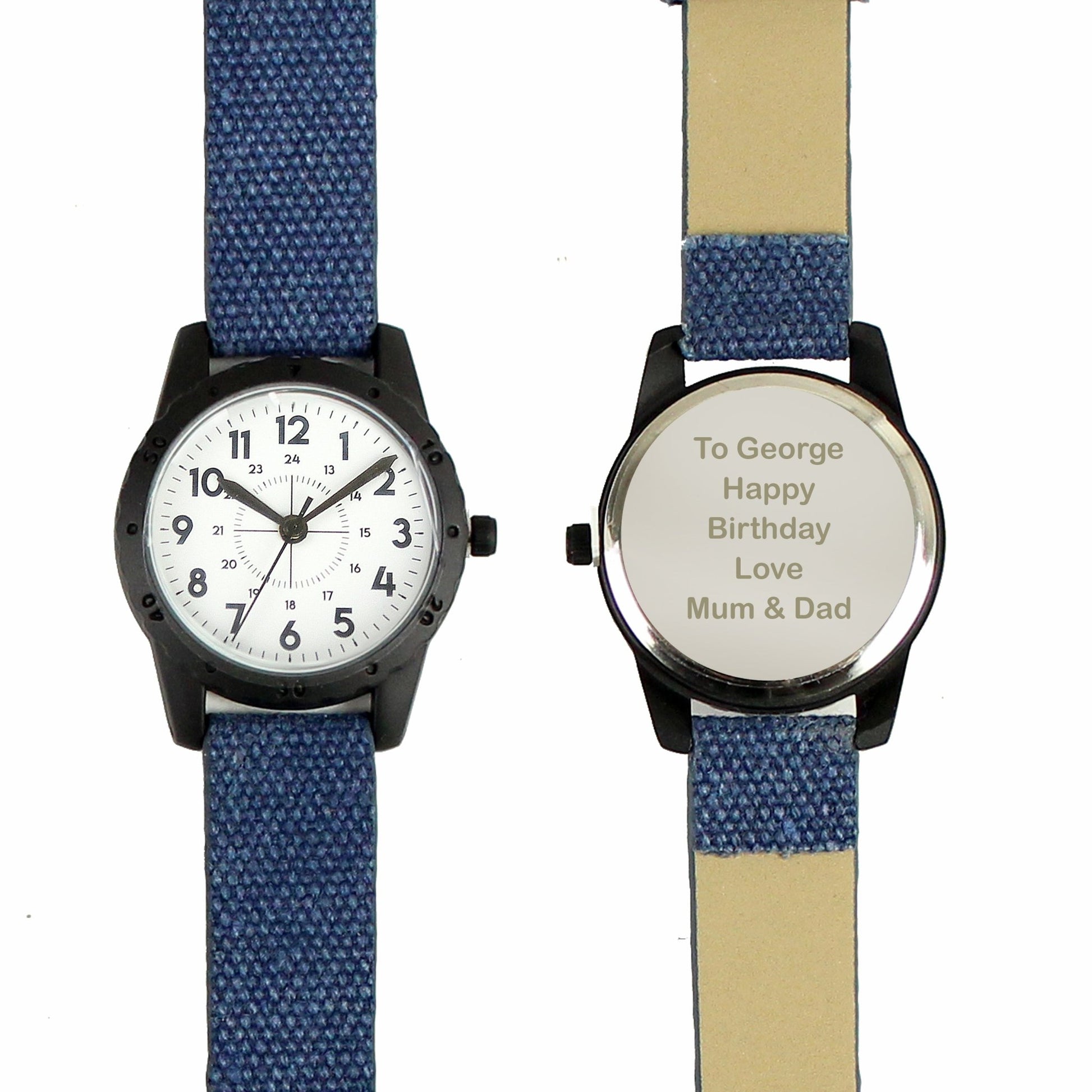 Personalised Black with Blue Canvas Strap Boys Watch | Inspired Creative Gifts | UK Supplier