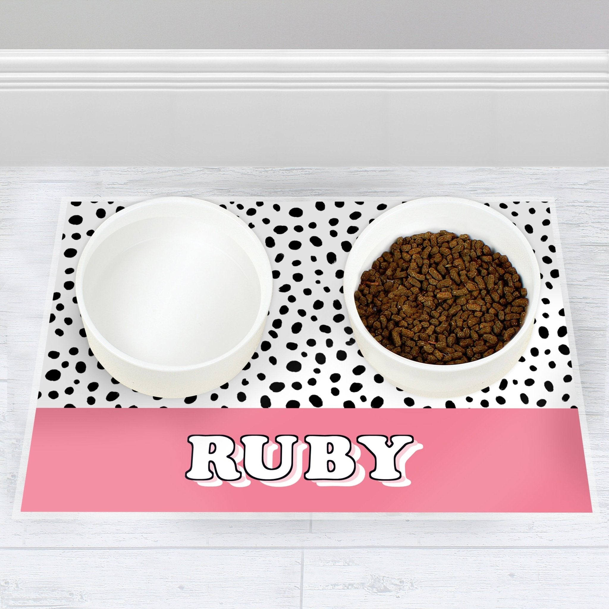 Personalised Blue or Pink Spots Dog Pet Bowl Mat | Inspired Creative Gifts | UK Supplier