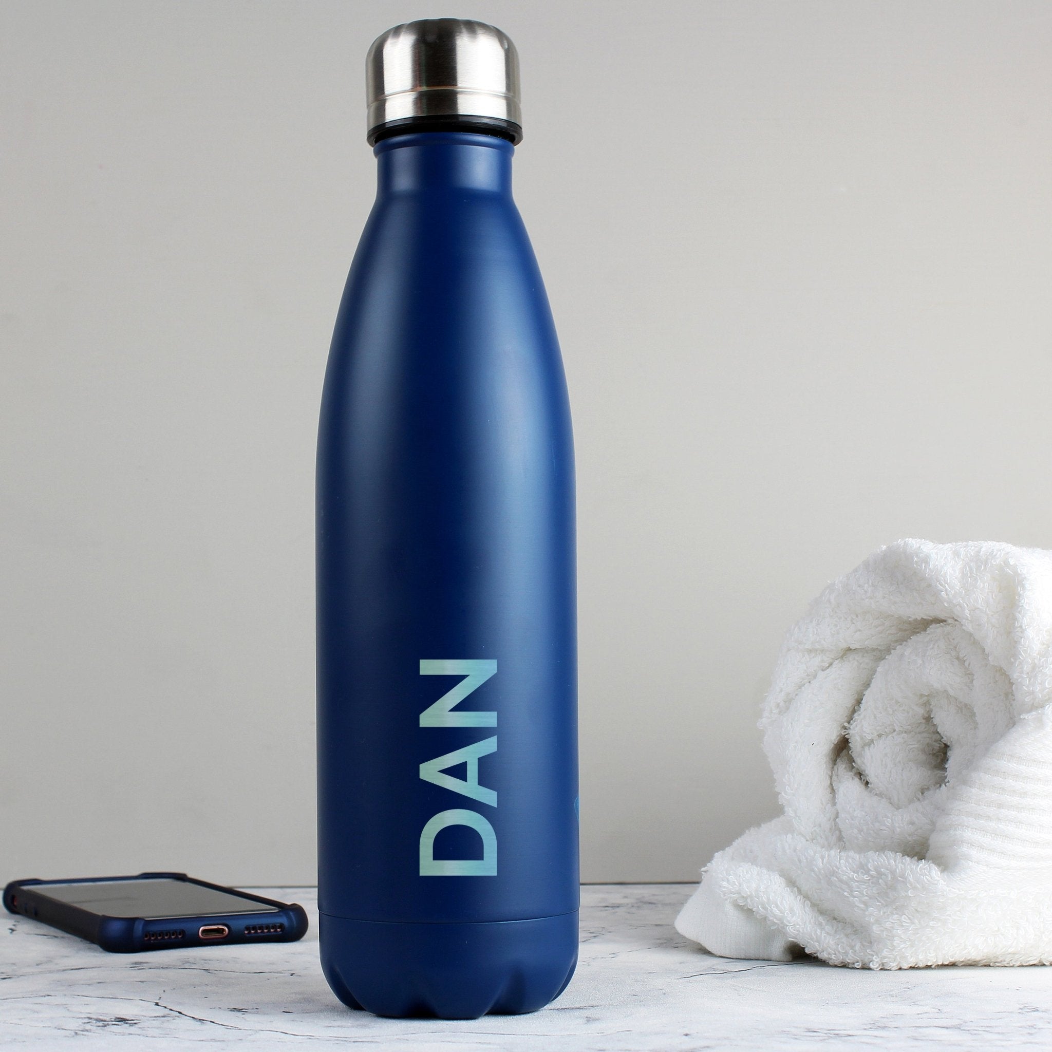 Personalised Bold Name Blue Metal Insulated Drinks Bottle | Inspired Creative Gifts | UK Supplier