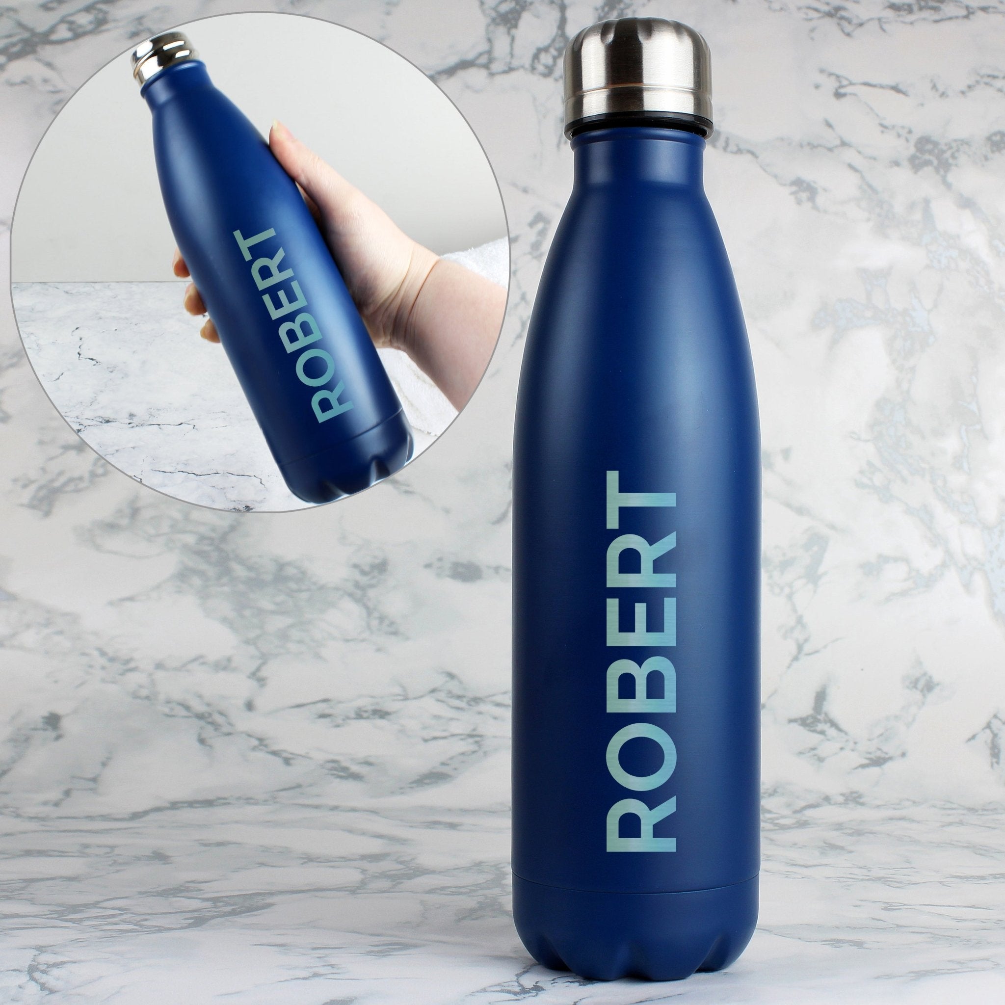 Personalised Bold Name Blue Metal Insulated Drinks Bottle | Inspired Creative Gifts | UK Supplier