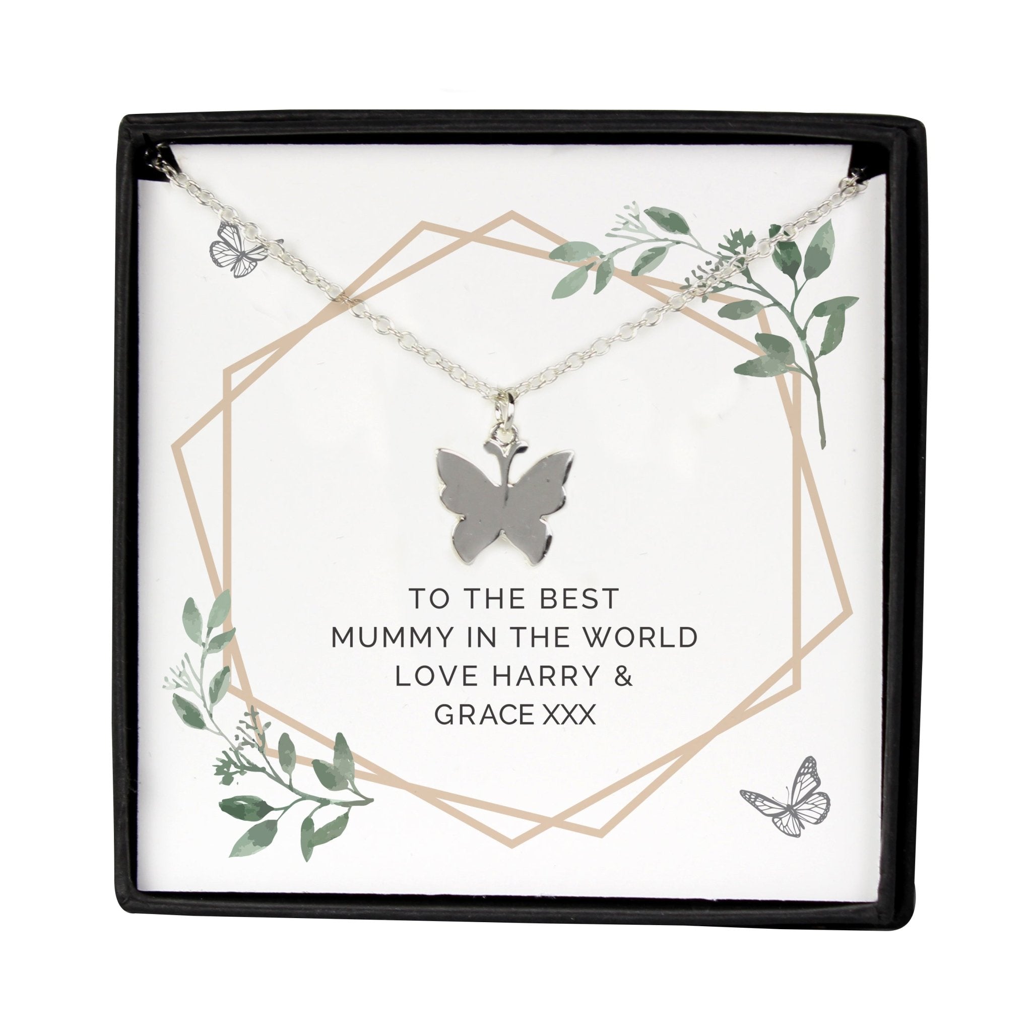 Personalised Botanical Sentiment Butterfly Necklace and Box | Inspired Creative Gifts | UK Supplier