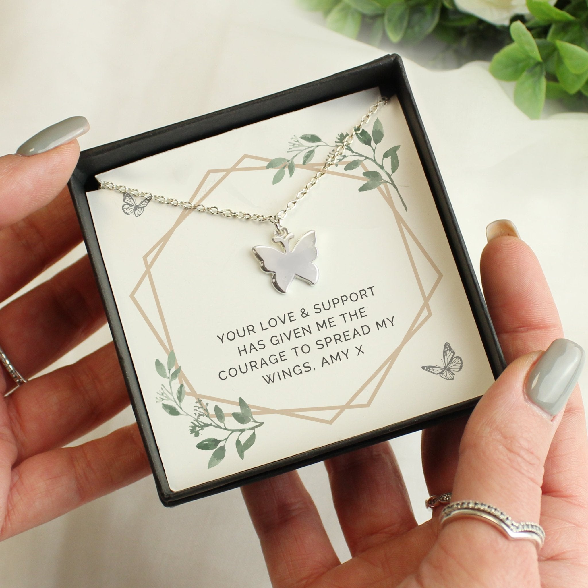 Personalised Botanical Sentiment Butterfly Necklace and Box | Inspired Creative Gifts | UK Supplier