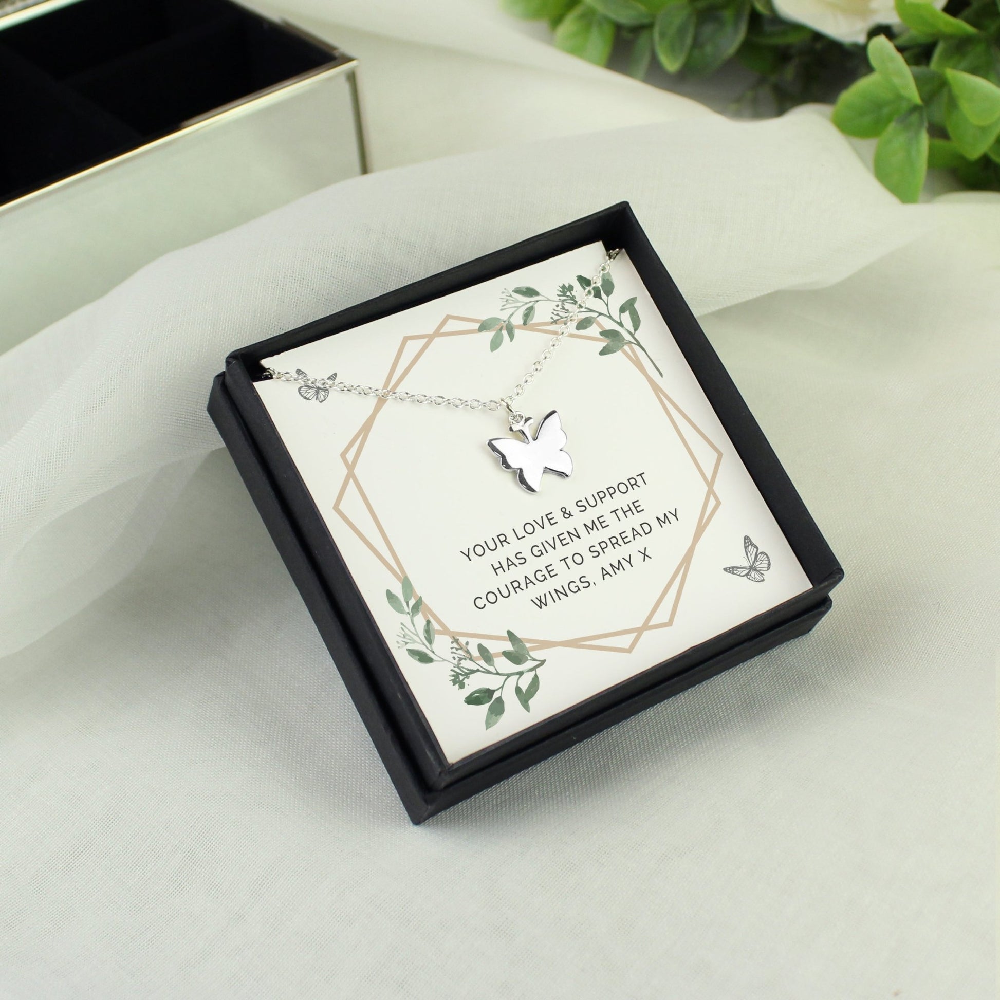 Personalised Botanical Sentiment Butterfly Necklace and Box | Inspired Creative Gifts